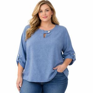 Toofan Blouse Womens XL Blue Round Neck 3/4 Roll Tab Sleeve Tunic Top Knit
